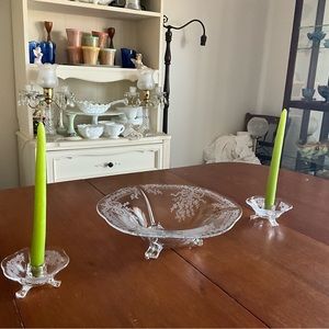 Fostoria June Clear American Glass Console Bowl Pair Candle Stick Holders
